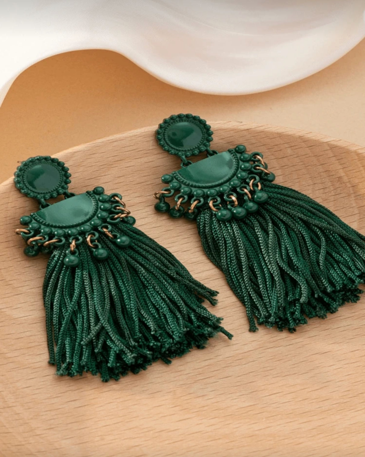 Dark Green Metal Tassel Earrings