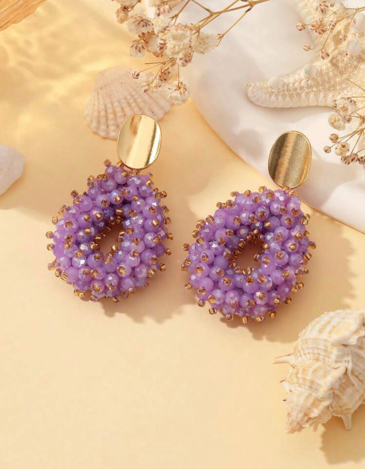 Purple Beaded Water Drop Earrings