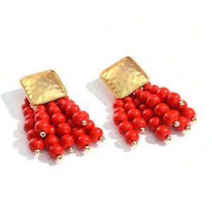 Orange Wooden Beaded Drop Earrings