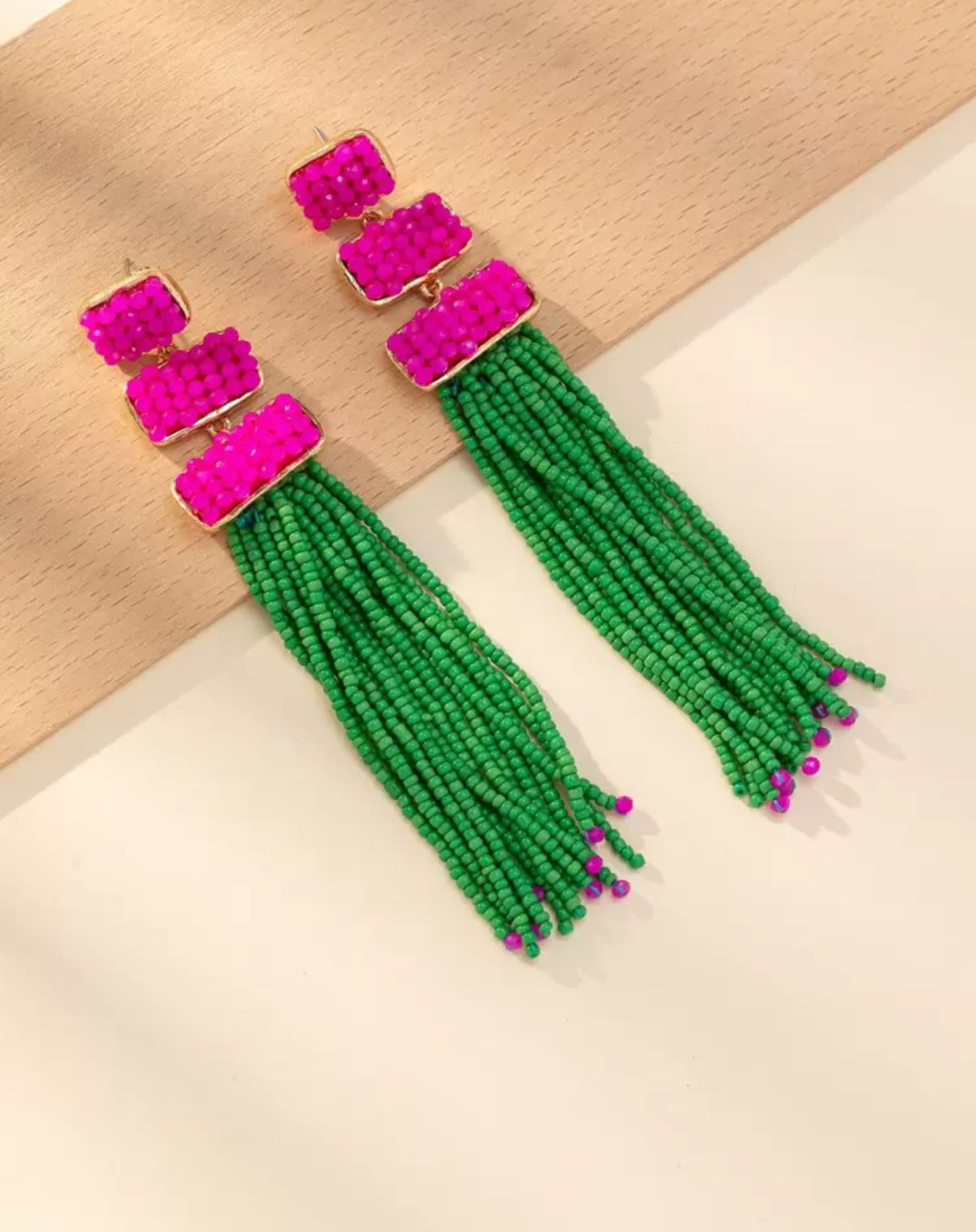 Pink & Green Exaggerated Tassel Earrings