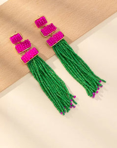 Pink & Green Exaggerated Tassel Earrings