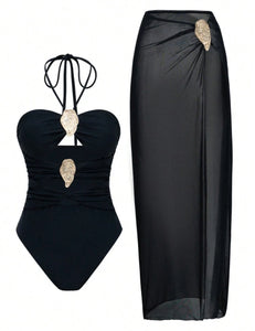 Black Halter Swimsuit with Coverup
