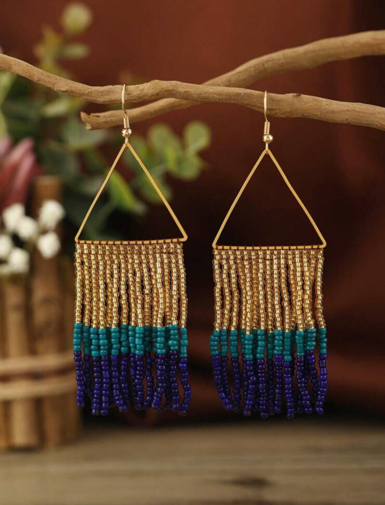 Blue Triangle Rice Bead Earrings