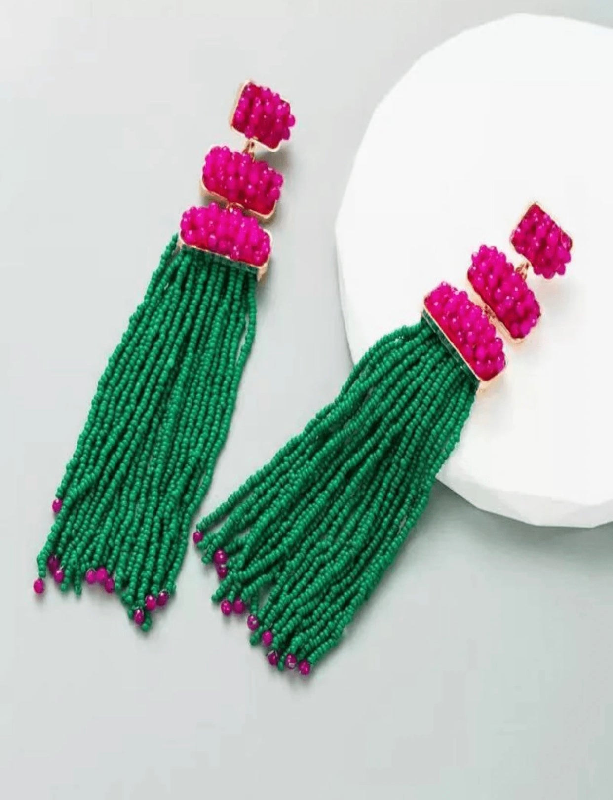 Pink & Green Exaggerated Tassel Earrings