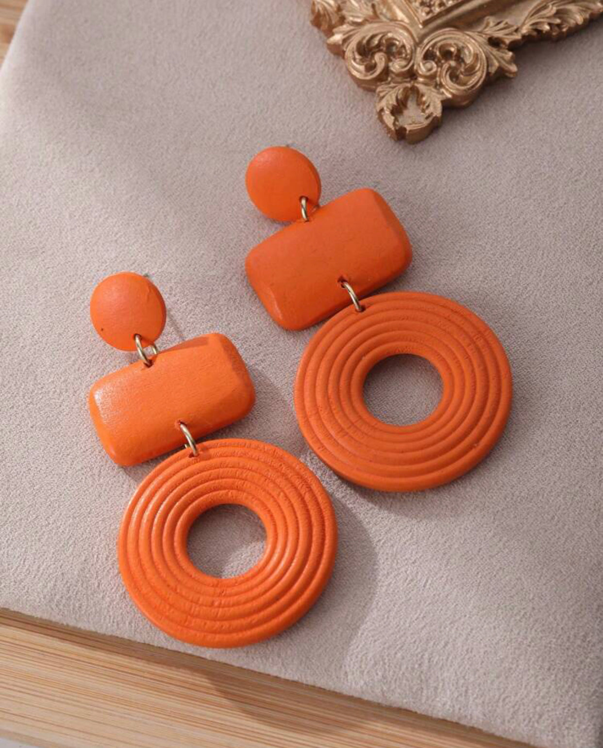 Orange Wooden Geometric Earrings